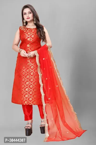 Stylish Red Jacquard Kurta, Bottom And Dupatta Set For Women