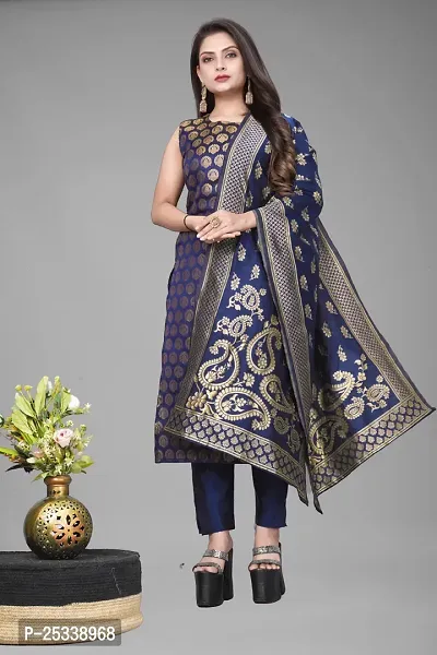 A-Line Navy Blue Woven Design Jacquard kurta Set-thumb0