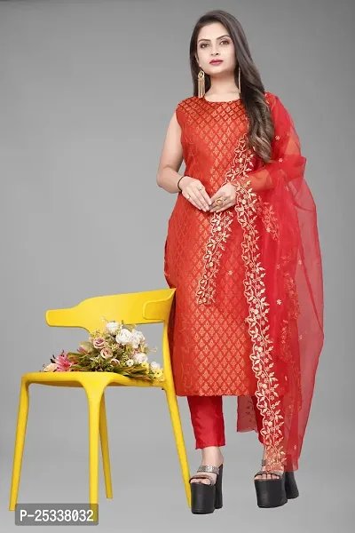 A-Line Red Woven Design Jacquard kurta Set