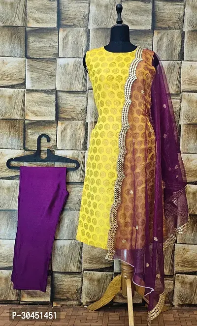 Elegant Yellow Woven Design Jacquard A-Line Kurta Pant With Dupatta For Women