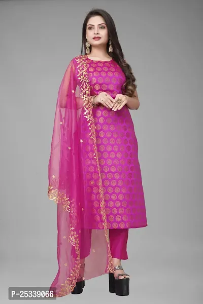 A-Line Pink Woven Design Jacquard kurta Set