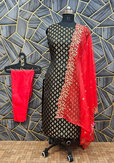 Stylish Jacquard Kurta And Pant With Dupatta Set For Women