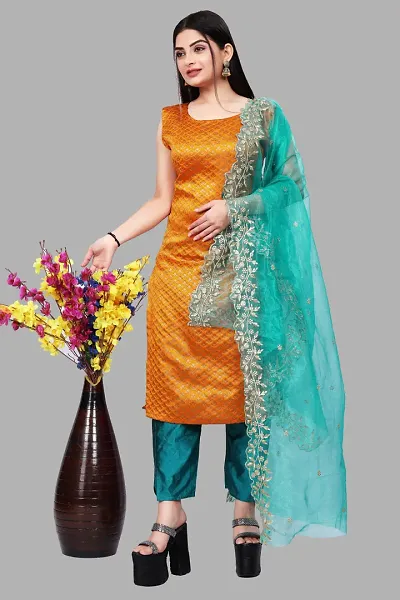 Stylish Fancy Jacquard Unstitched Dress Material Top With Bottom And Dupatta Set For Women