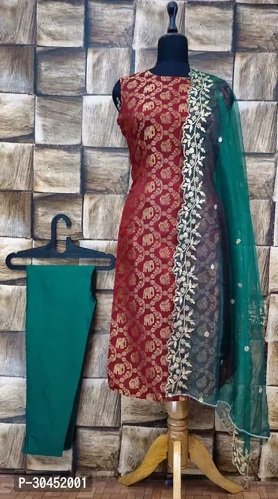 Elegant Maroon Woven Design Jacquard A-Line Kurta Pant With Dupatta For Women