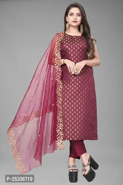 A-Line Maroon Woven Design Jacquard kurta Set-thumb0