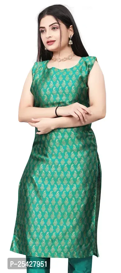 A-Line Teal Woven Design Jacquard Kurti-thumb0