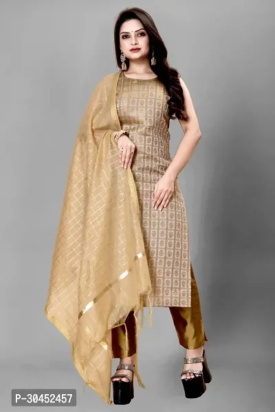 Elegant Beige Woven Design Jacquard A-Line Kurta Pant With Dupatta For Women-thumb0