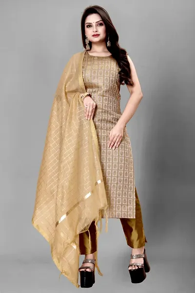 Stylish Jacquard Kurta And Pant With Dupatta Set For Women