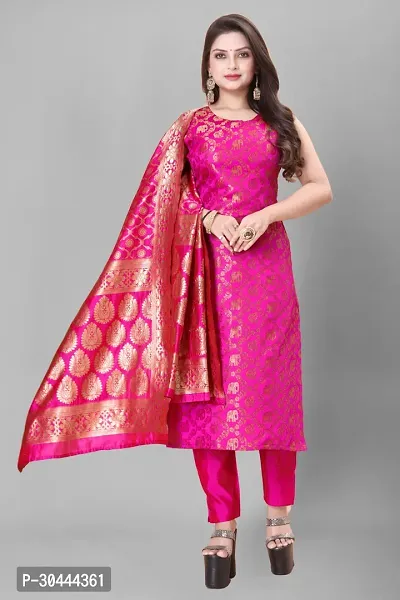 Stylish Pink Jacquard Kurta, Bottom And Dupatta Set For Women-thumb0