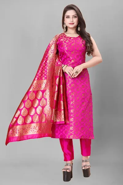 Stylish Jacquard A-Line Kurta With Bottom With Dupatta Set