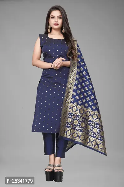 A-Line Navy Blue Woven Design Jacquard kurta Set-thumb0