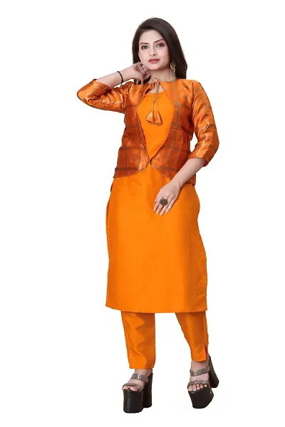 Stylish Soft Silk Kurta With Pant And Koti Set For Women