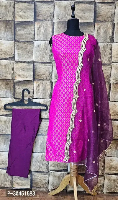 Stylish Pink Jacquard Kurta, Bottom And Dupatta Set For Women