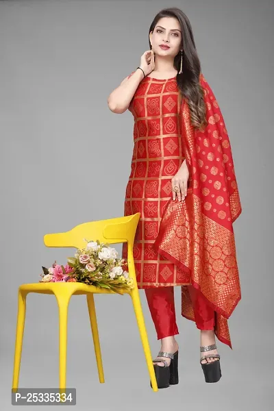 A-Line Red Woven Design Jacquard kurta Set-thumb0