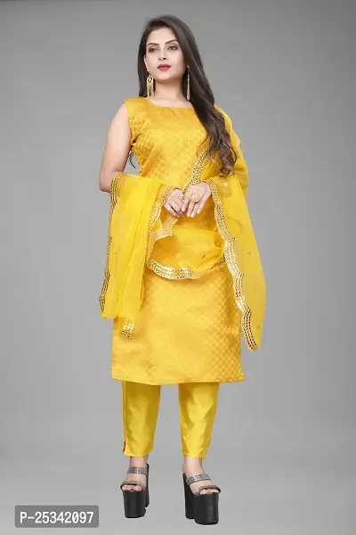 A-Line Yellow Woven Design Jacquard kurta Set-thumb0