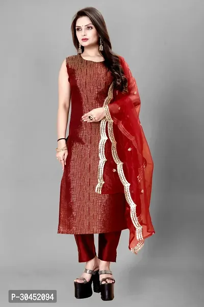 Elegant Maroon Woven Design Jacquard Kurta Pant With Dupatta For Women-thumb0