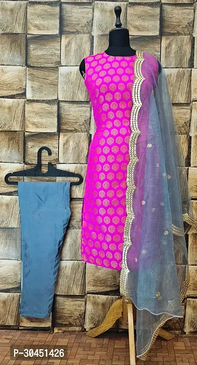 Elegant Pink Woven Design Jacquard A-Line Kurta Pant With Dupatta For Women