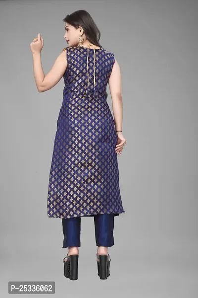 A-Line Navy Blue Woven Design Jacquard kurta Set-thumb3