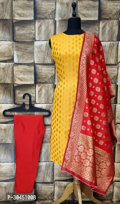 Stylish Yellow Jacquard Kurta, Bottom And Dupatta Set For Women