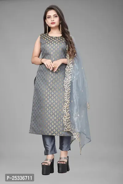 A-Line Grey Woven Design Jacquard kurta Set-thumb0