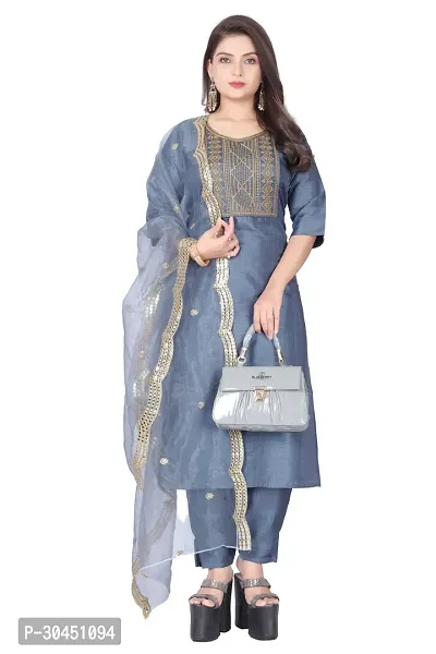 Stylish Grey Silk Kurta, Bottom And Dupatta Set For Women