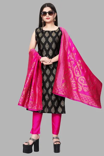 Stylish Jacquard Kurta And Pant With Dupatta Set For Women