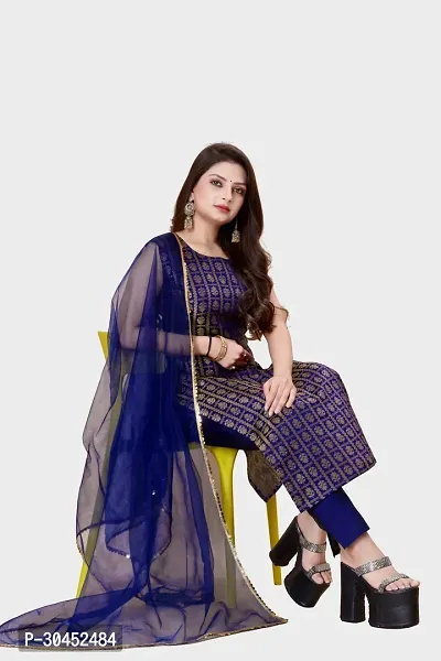 Elegant Navy Blue Woven Design Jacquard A-Line Kurta Pant With Dupatta For Women-thumb0