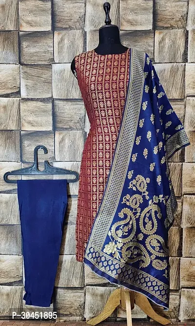 Elegant Maroon Woven Design Jacquard A-Line Kurta Pant With Dupatta For Women