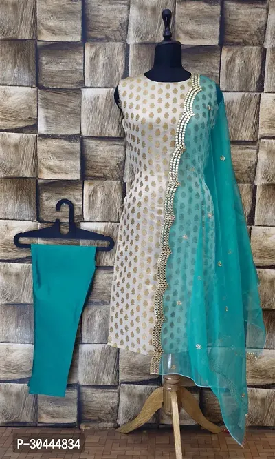 Stylish Cream Jacquard Kurta, Bottom And Dupatta Set For Women