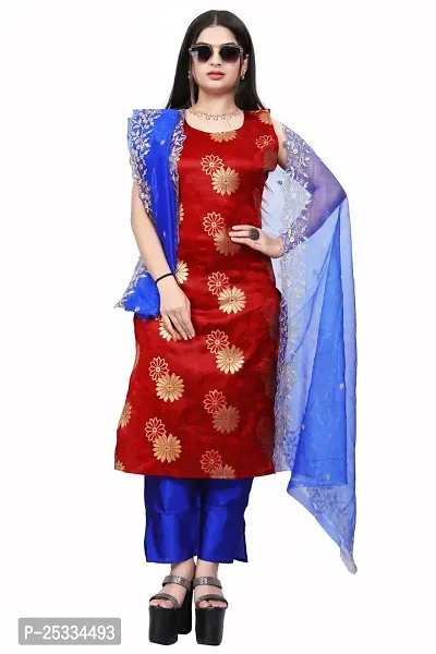 A-Line Red Woven Design Jacquard kurta Set-thumb0