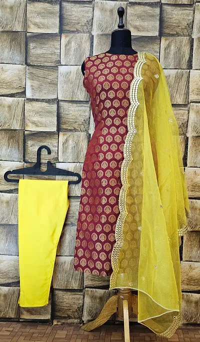 Elegant Woven Design Jacquard A-Line Kurta Pant With Dupatta For Women