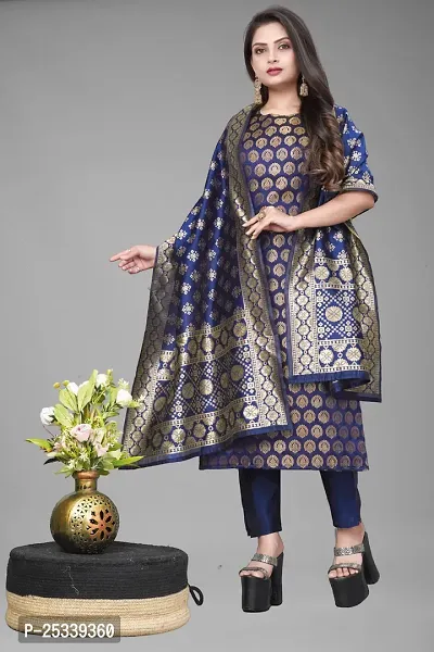 A-Line Navy Blue Woven Design Jacquard kurta Set