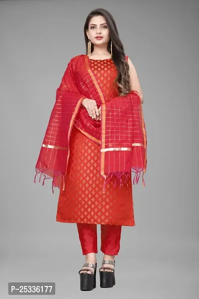 A-Line Red Woven Design Jacquard kurta Set-thumb0