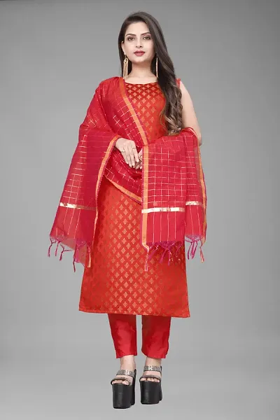 Elegant Jacquard Art Silk Kurta with Pant And Dupatta Set For Women