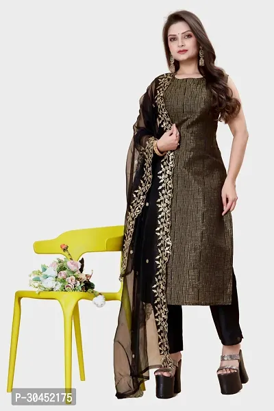 Elegant Black Woven Design Jacquard Kurta Pant With Dupatta For Women-thumb0