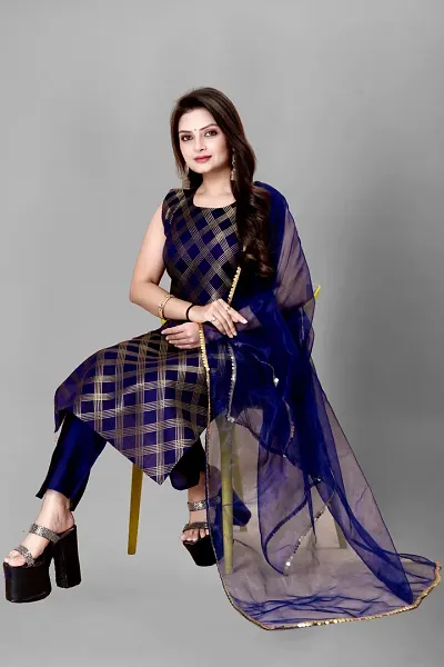 Stylish Jacquard Woven Design A-Line Kurtis With Bottom and Dupatta Set