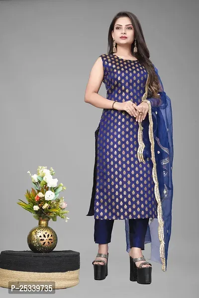 A-Line Navy Blue Woven Design Jacquard kurta Set