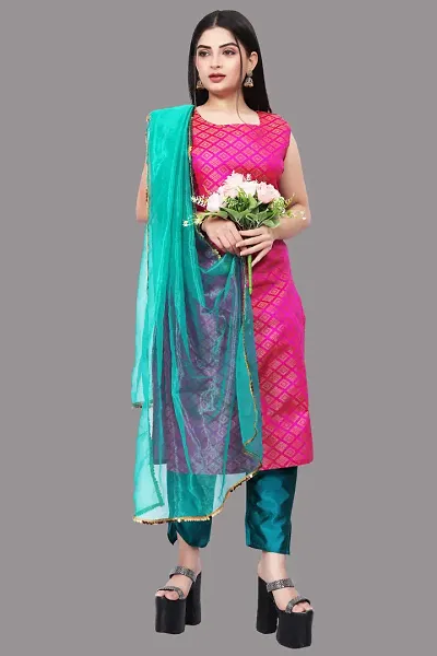 Stylish Jacquard Kurta And Pant With Dupatta Set For Women