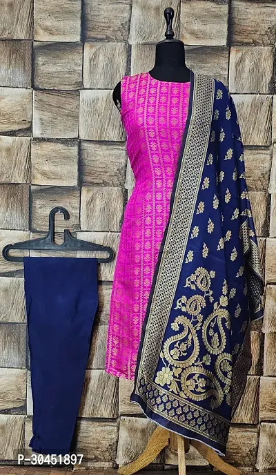 Elegant Pink Woven Design Jacquard A-Line Kurta Pant With Dupatta For Women