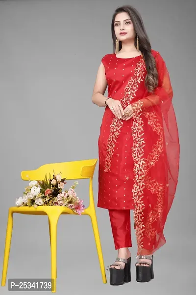 A-Line Red Woven Design Jacquard kurta Set-thumb0