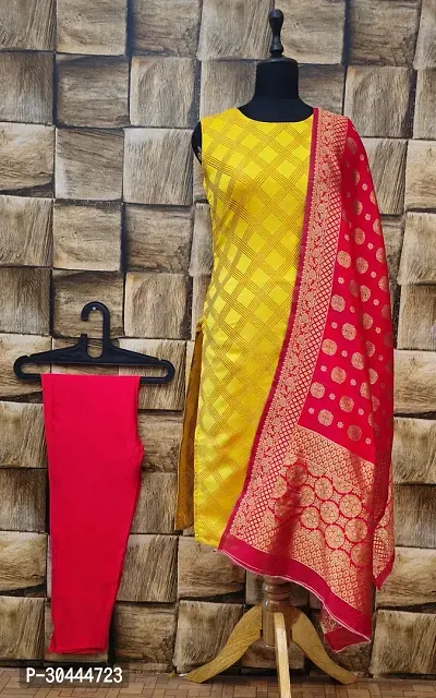 Stylish Yellow Jacquard Kurta, Bottom And Dupatta Set For Women