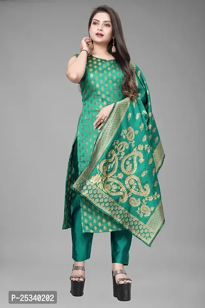 A-Line Teal Woven Design Jacquard kurta Set