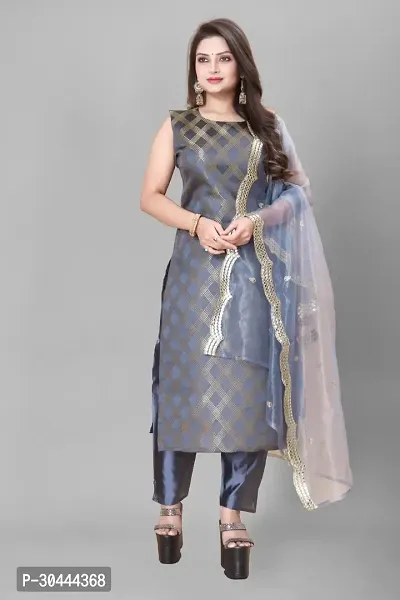 Stylish Grey Jacquard Kurta, Bottom And Dupatta Set For Women-thumb0