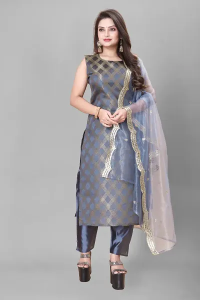 Stylish Jacquard Kurta And Pant With Dupatta Set For Women