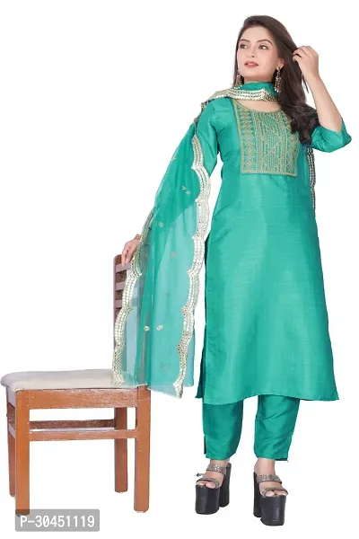 Stylish Green Silk Kurta, Bottom And Dupatta Set For Women-thumb0