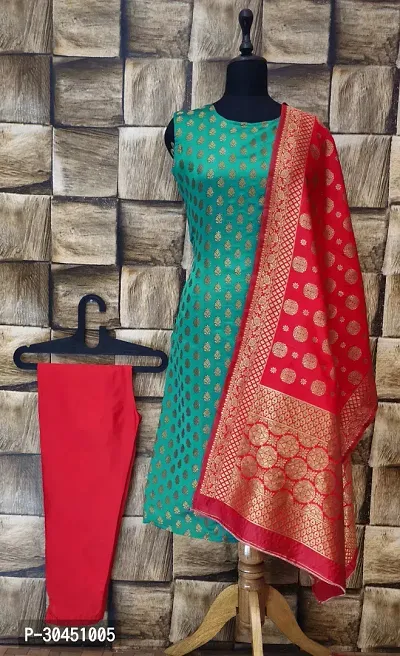 Stylish Green Jacquard Kurta, Bottom And Dupatta Set For Women