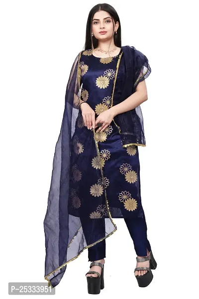 A-Line Navy Blue Woven Design Jacquard kurta Set