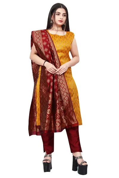 Stylish Fancy Jacquard Unstitched Dress Material Top With Bottom And Dupatta Set For Women