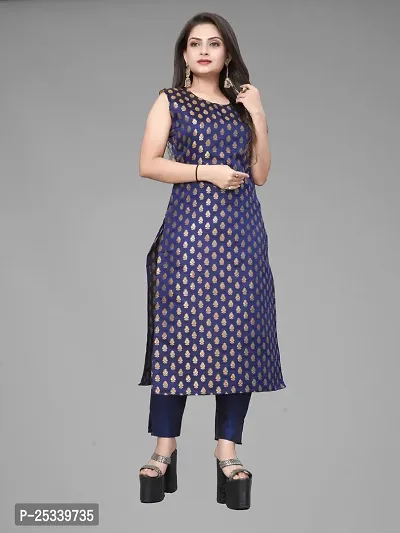 A-Line Navy Blue Woven Design Jacquard kurta Set-thumb2