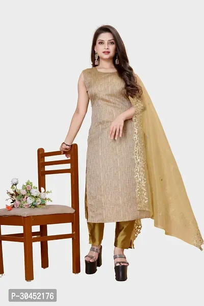 Elegant Beige Woven Design Jacquard Kurta Pant With Dupatta For Women-thumb0